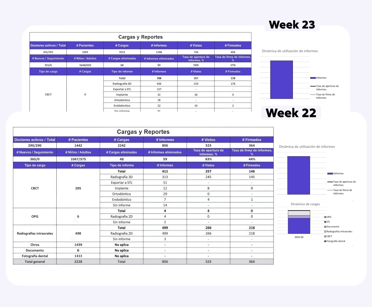 [object Object], Puede seguir fácilmente cómo los médicos utilizan las capacidades de Diagnocat con detalles como: el número total de doctores en la clínica registrados en su cuenta, la cantidad de informes generados y sus tasas de rendimiento.