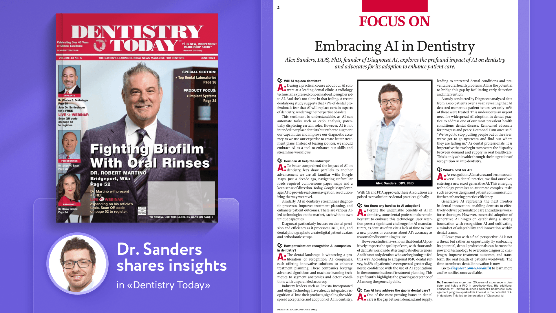 FOCUS ON: Embracing AI in Dentistry. Dr. Alex Sanders shares insights in «Dentistry Today»