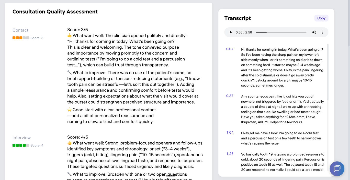 Transcriptor consultation quality assessment scoring the contact and interview stages of a consultation