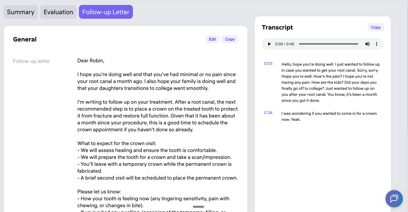 Patient follow up letter generated by Transcriptor from a 40 second voice note, shown beside the transcript