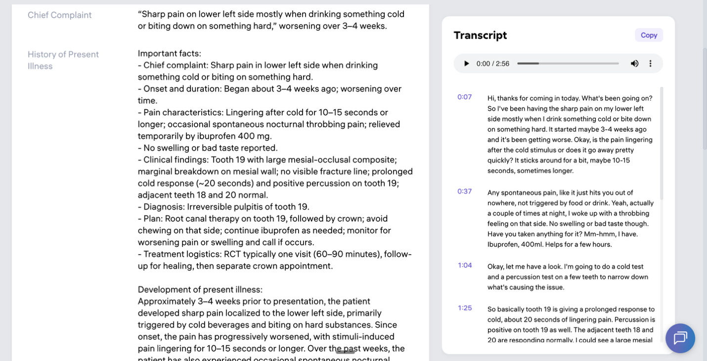 Transcriptor SOAP note showing the chief complaint and history of present illness beside the consultation transcript