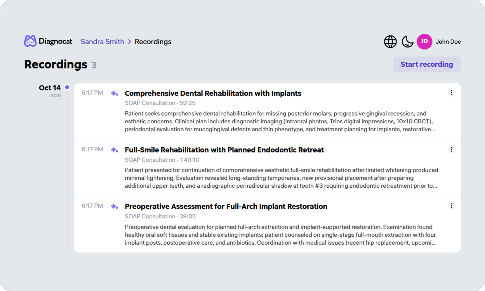 Recordings tab: a timeline with dates, newest consultations on top