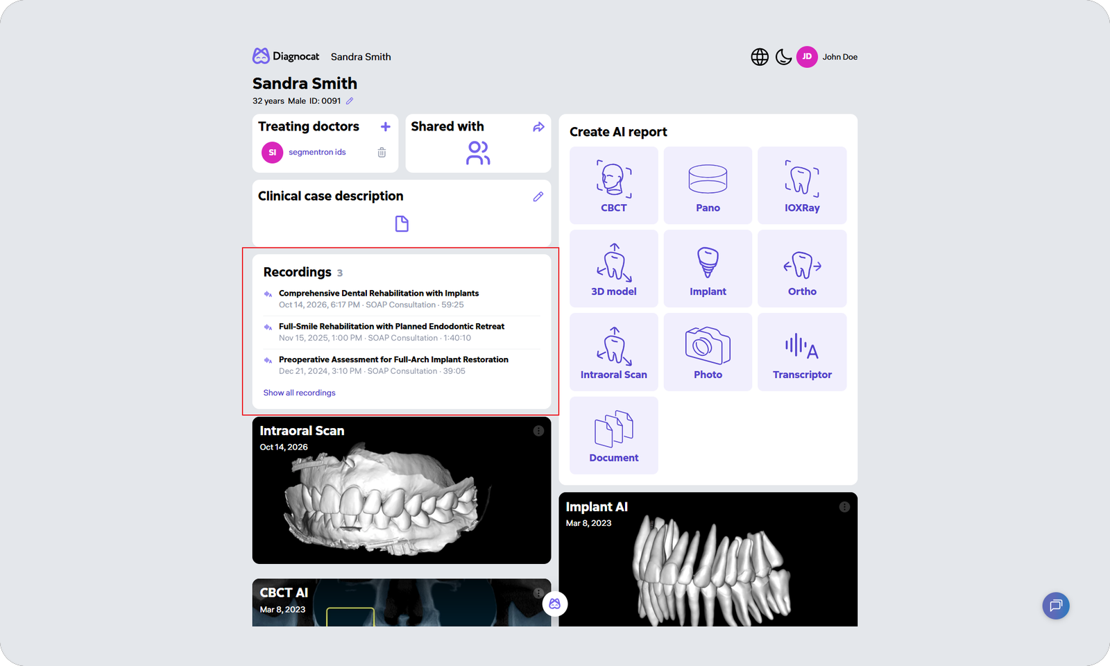 Patient page: the Transcriptor recordings widget lists consultations with name, duration and date