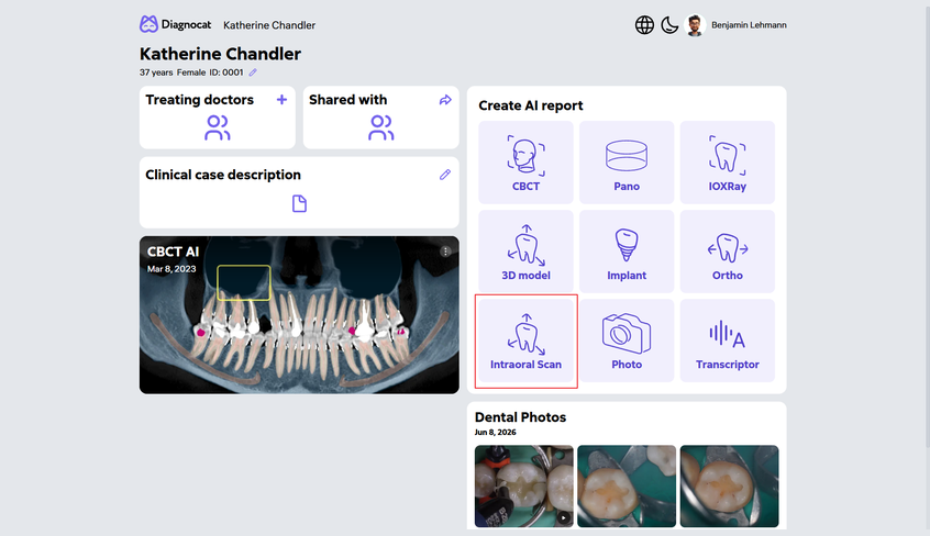 Patient profile in Diagnocat with the new Intraoral Scan module highlighted